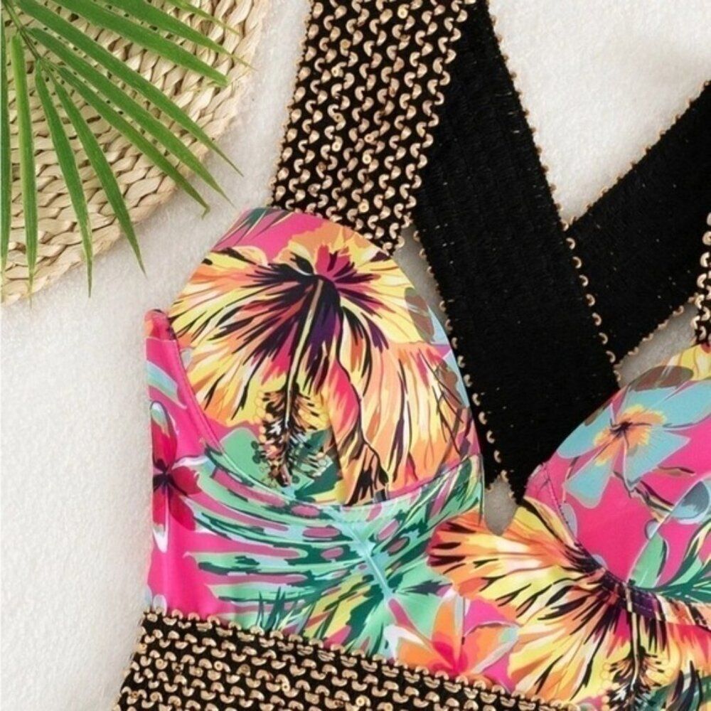 Shein Pink Tropical Stitch Pushup One Piece Swimsuit Bikini L - Picture 5 of 11